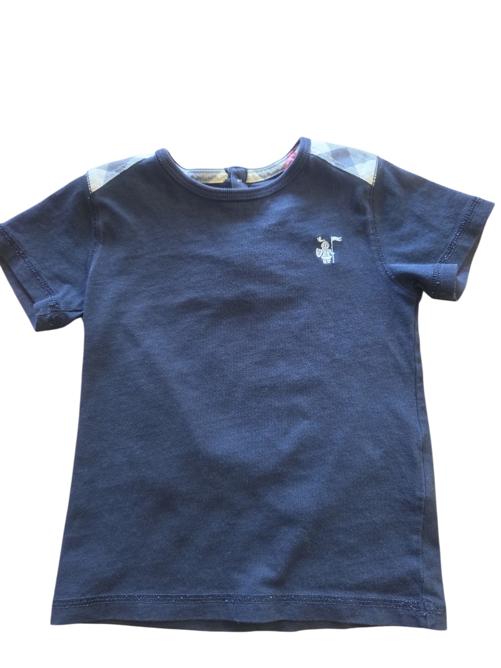 Burberry Black Short Sleeve Tee with Plaid Shoulder Detail
